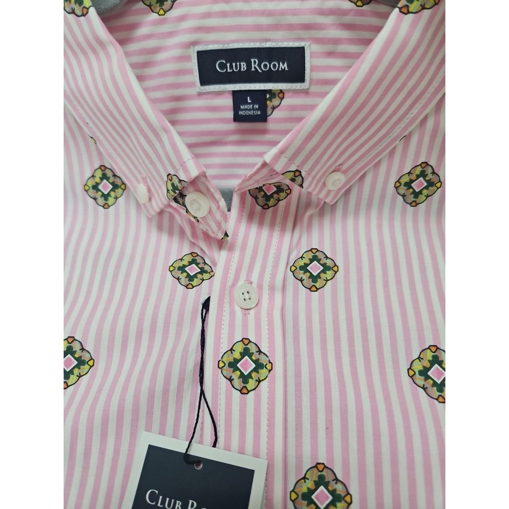 Club Room Mens Shirt Long Sleeves Large New Tags Striped Geo Print Pink Stretch